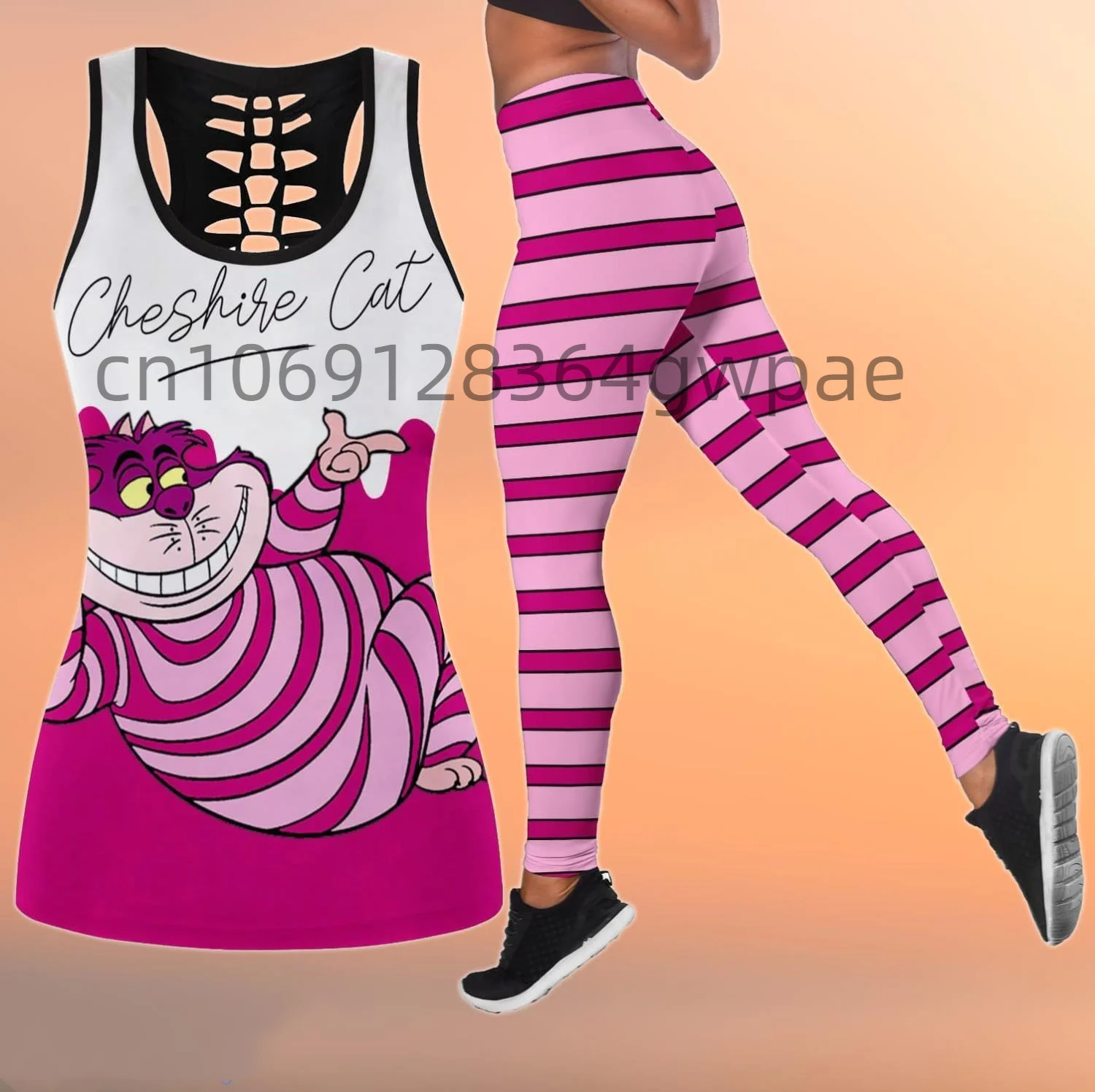 Cheshire Cat Women\'s Cutout Tank Top Leggings Yoga Set Summer Fitness Leggings Tracksuit Disney Hollow Tank Top Leggings Set