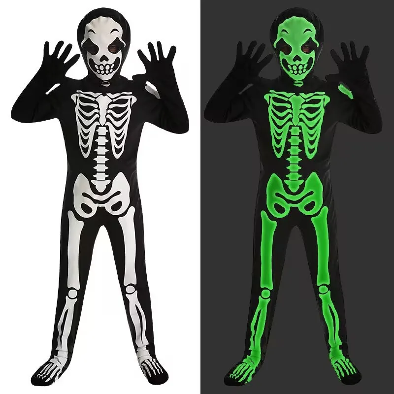 Skeleton Luminous Glow In Dark Halloween Outfit Scary Theme Party Kids Performance Role Play Carnival Holiday Dress Up Clothing