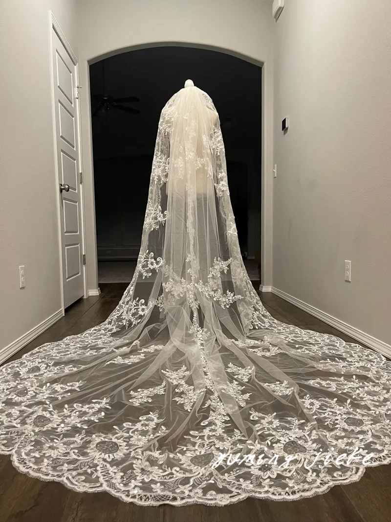 

White Off-White Ivory Lace Wedding Veil Cathedral Bridal Veil Metal Comb