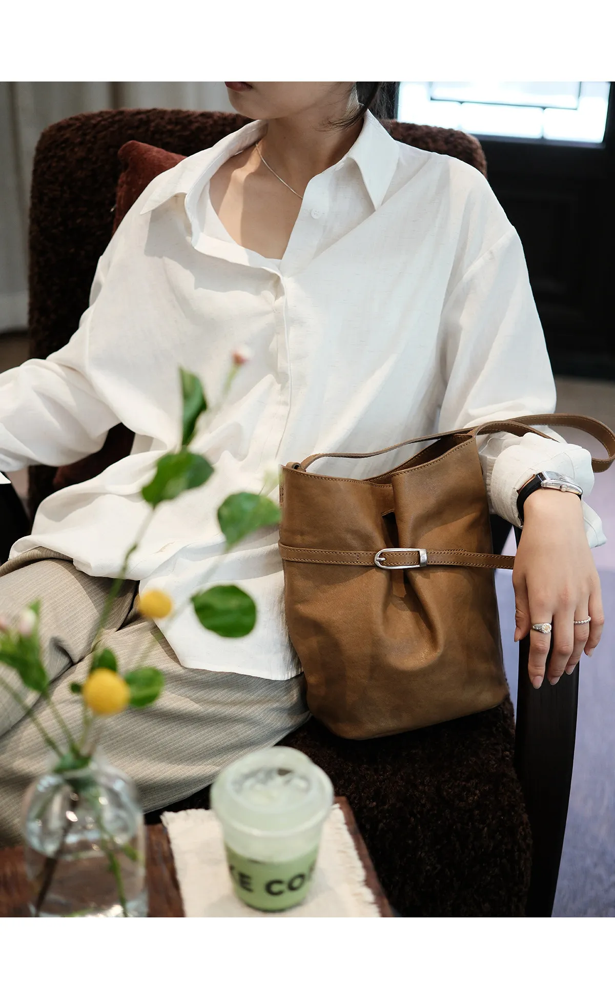 PNDME Vintage Designer Damen Schultertasche aus hochwertigem Rindsleder, lässige Luxus Echtleder Damen Bucket Bag – Detail 7