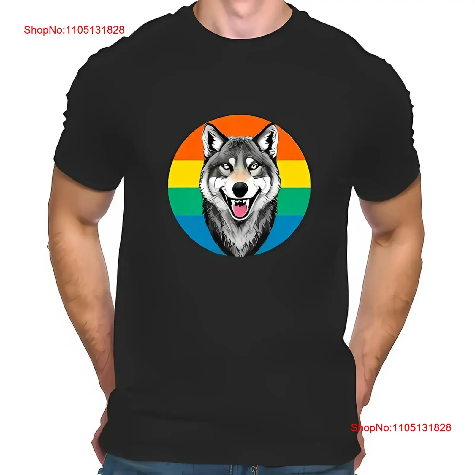 

Realistic Wolf Head T Shirt with Rainbow Flag Background All cotton vintage Washed fashion Casual streetwear graphic Breathable