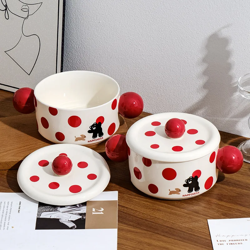 

Household Ceramic Cartoon Spots Bear Instant Noodle Bowl with Lid Handles Ramen Dinnerware Dormitory Student Salad Noodle Bowls