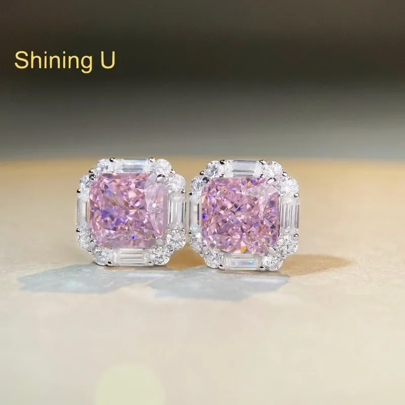 Shining U S925 Silver Crushed Ice Cut Pink Gems Stud Earrings for Women Fine Jewelry Wedding