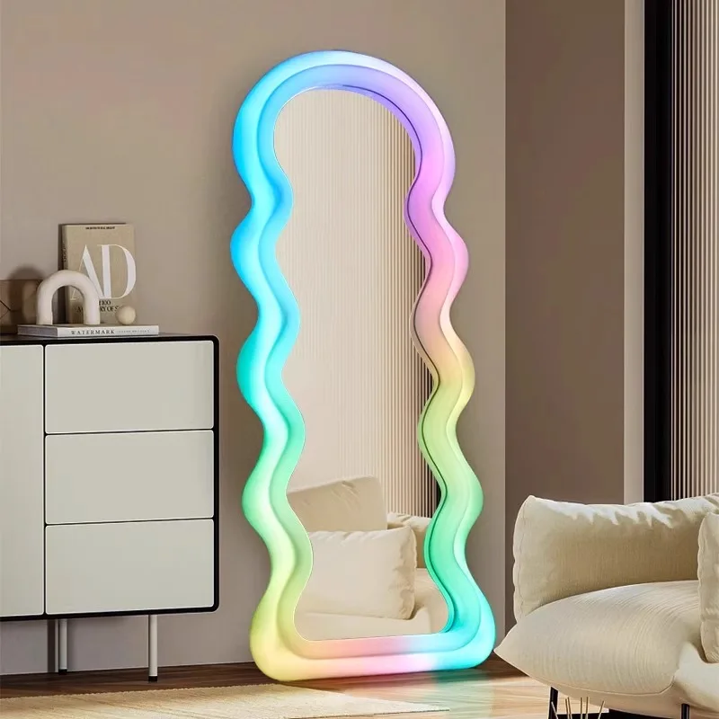 

Korean Style Light Mirror Wavy Light Funky Aesthetic Full Body Mirror Living Room Design Floor Spiegel Wand Home Decorations