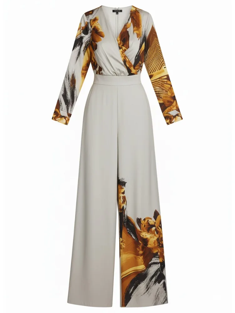 

Missuoo Women's Printed Jumpsuit V-neck Long Sleeves High Waist Wide Leg Full Length Jumpsuit 2025 Fall Stylish One-piece Suit