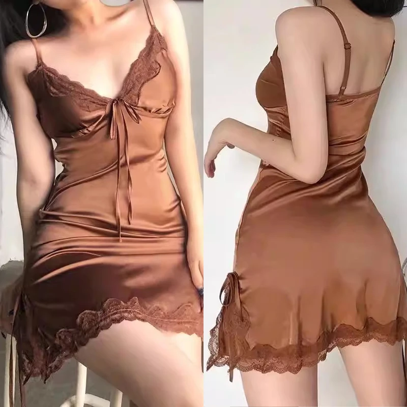 

Sexy Spaghetti Sling Chemise Sleepwear Nightgown Short Summer Homewear Satin Lace Patchwork Female Nightdress