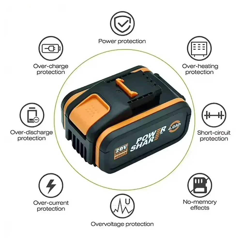 

100% new For Worx 20V 4.0-10.0mAh High Capacity Li-ion Battery WA3551 WA3553 WA3641 WX373 WX390