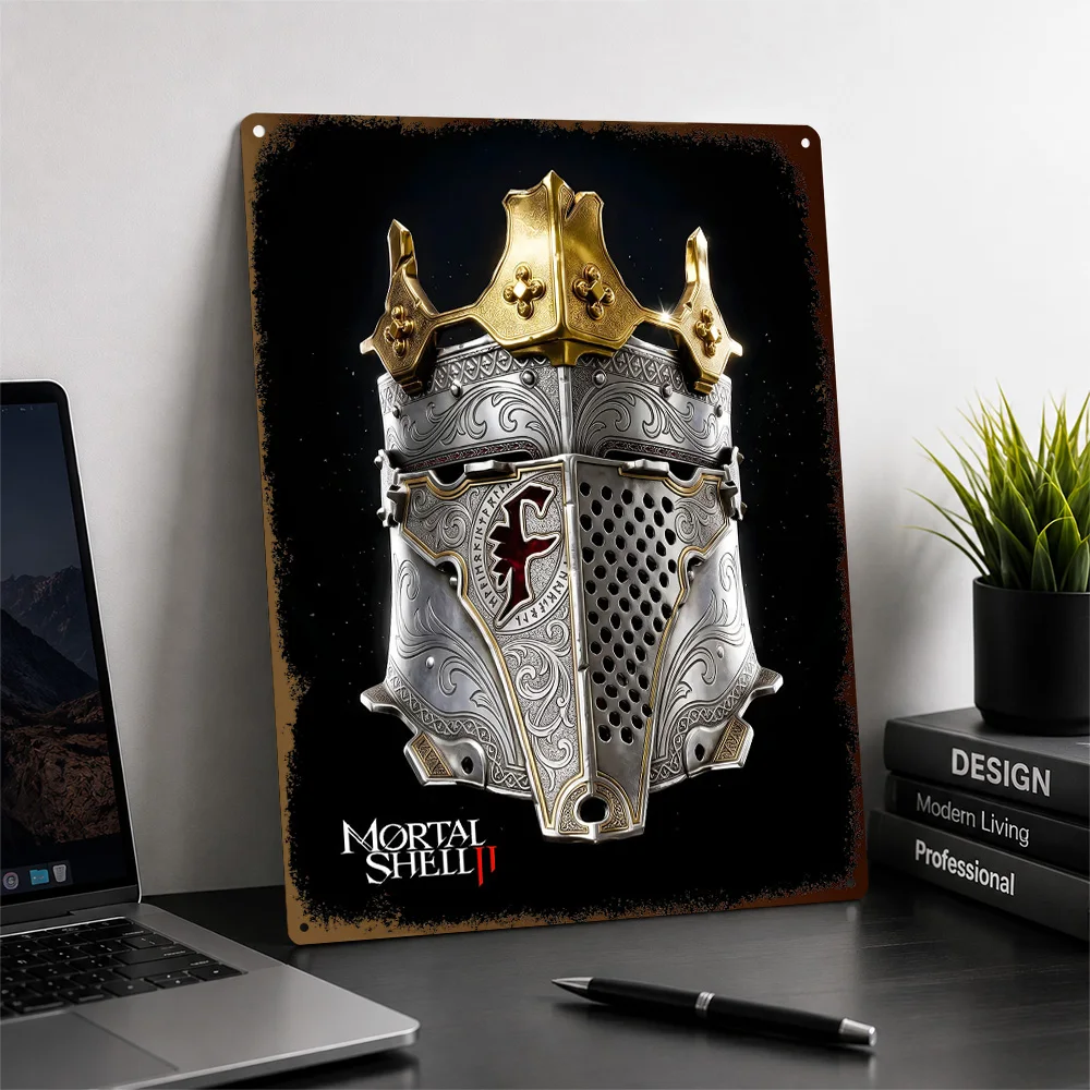Mortal Shell II Ornate Knight Helmet Aluminum Poster Illustrated Wall Art For Gaming Room Personalized Metal Sign Birthday Gift