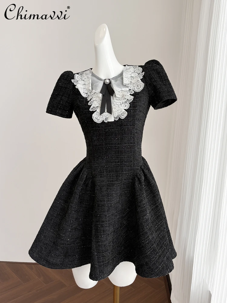 

French Elegant Socialite Birthday Party Dress Lace Spliced Round Neck Bow Puff Sleeve High Waist A-line Black Short Dress Women