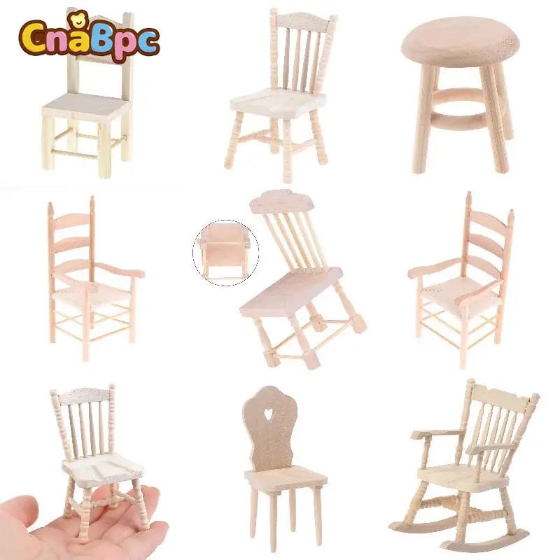 Cadeira de móveis em miniatura para Dollhouse, Pretend Play Toy, Móveis Brinquedos para Crianças, Móveis sem pintura, 1/12 Bonecas