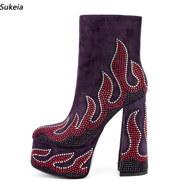 

Sukeia Handmade Women Winter Ankle Boots Rhinestone Platform Round Toe Elegant Black Banquet Shoes Plus US 5-10.5
