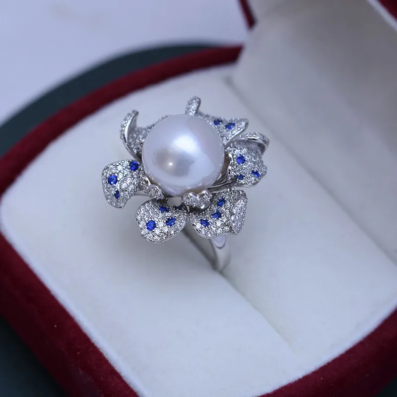 

JZ51 Lefei Fashion Luxury 12-13mm Strong Luster Few Flaw Freshwater Pearl Blue Flower Ring Charms Women s925 Silver Jewelry Gift