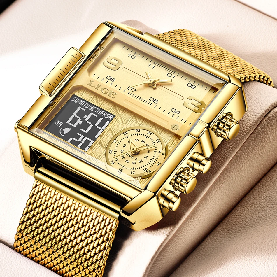 Lige 2026 moda dupla exibição relógio feminino marca superior de luxo criativo relógios quadrados senhoras casual relógio ouro relogio feminino