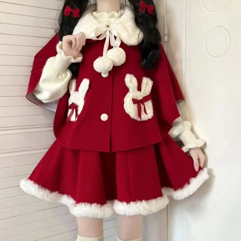 2024 New Sweet Christmas Red Elegant Skirt Set Woman Kawaii Bow Wool Cape Coat Y2k Mini Skirts Female Korean New Year Cute Suit