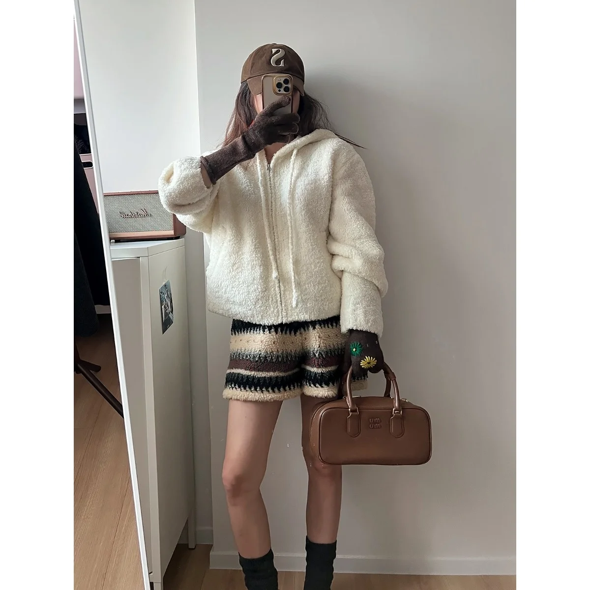 Fashionable Winter Short Pants Women's Plaid Color Block Fluffy Versatile Shorts Natural Waist Straight Leg City Walk Style