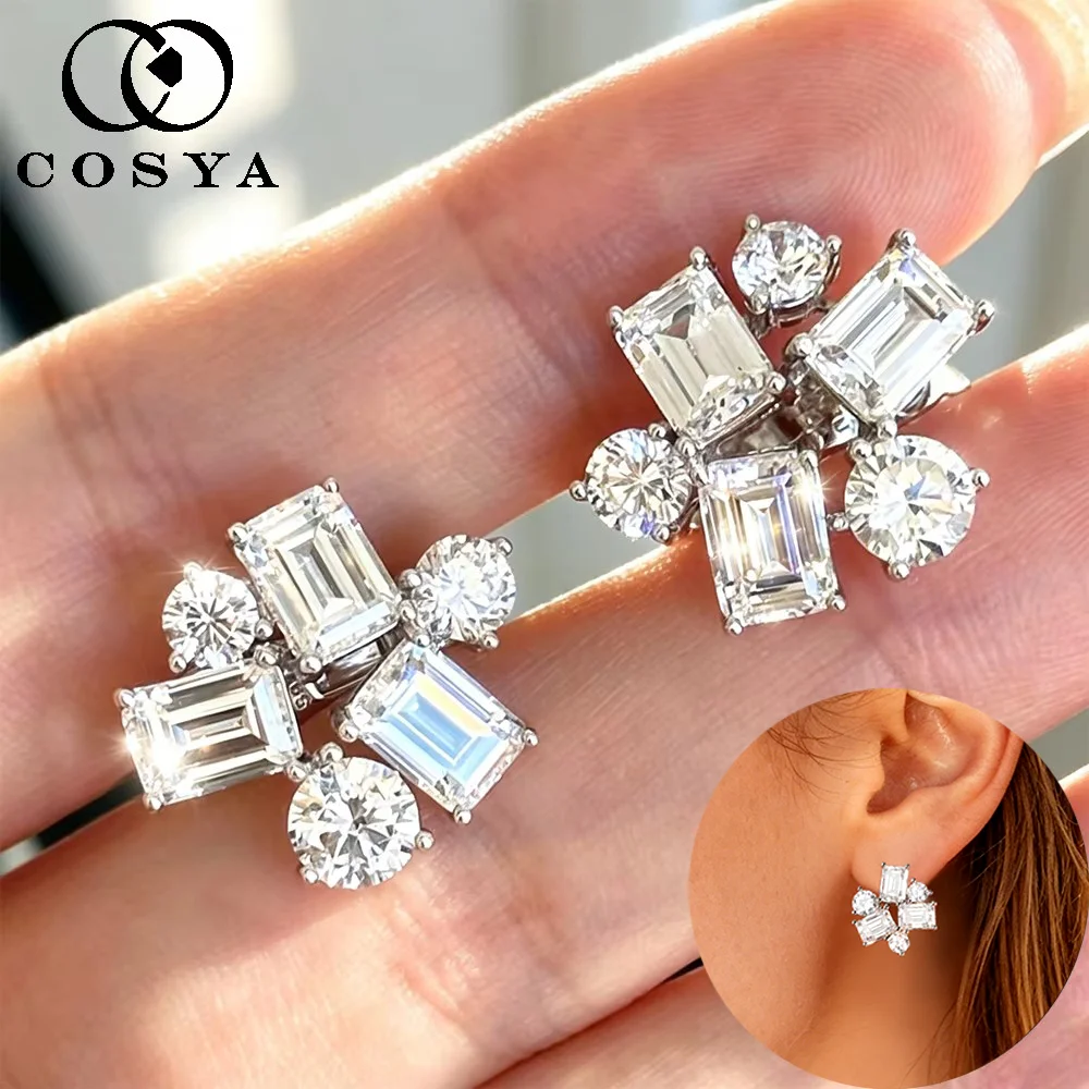 COSYA 8.2cttw Full Moissanite Stud Earrings for Women 100% S925 Silver Emerald Lab Diamond Luxury Wedding Bridal Fine Jewelry