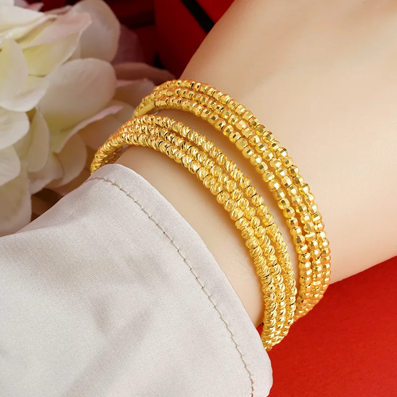 24K Gold Plated Three Lines Beads Bracelets for Women Wholesale Pure Gold Color Speaking Cuff Bangle Wedding Jewelry Accessories