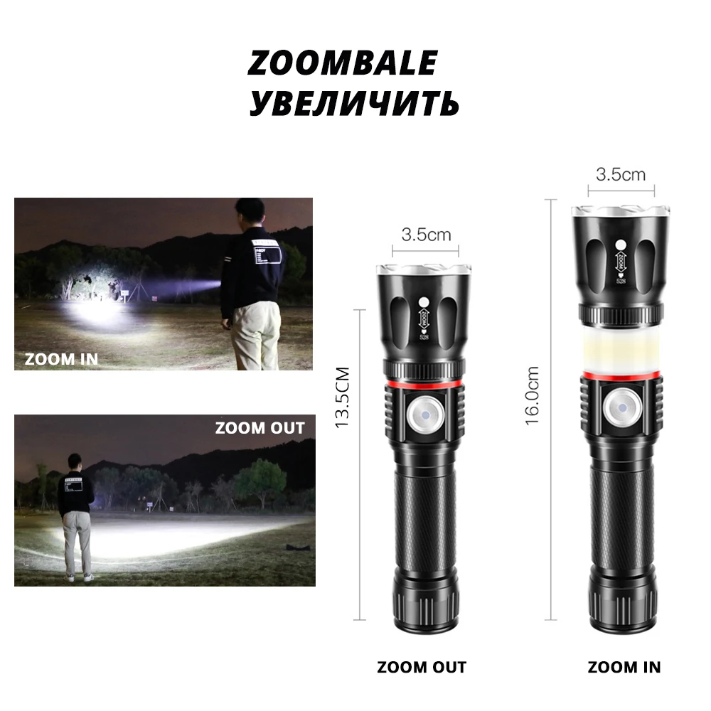 Linterna LED recargable con lámpara COB circundante e imán trasero, linterna de camping impermeable con 4 modos de iluminación