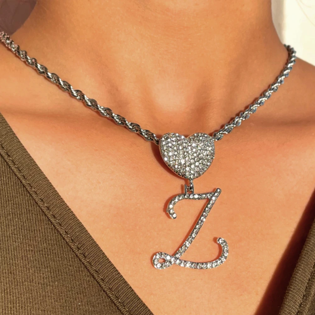 Hiphop Heart Initials Name Necklaces For Women 4MM Rope Chain Cursive Letters Pendant Necklace Trendy Jewelry Gifts
