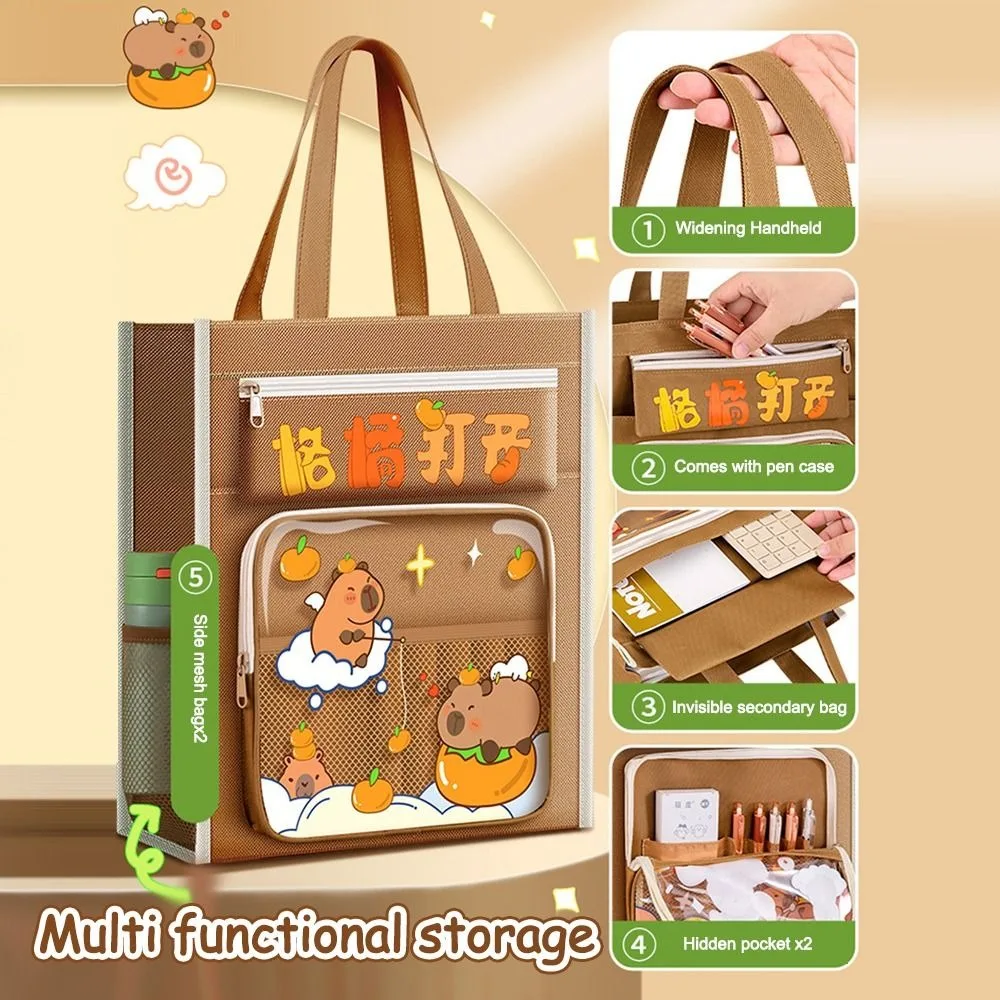 Cute Capybara Tote School Bag Handbag Large Capacity Zipper Bag Seven-layer Multifunctional Tutorial Bag Students