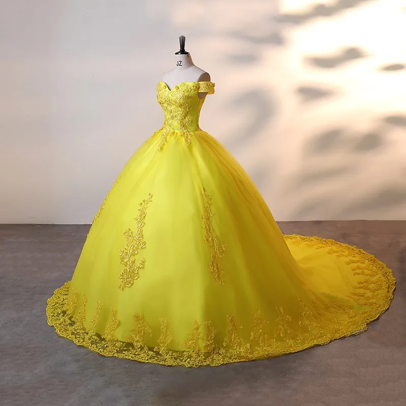 Ashley gaun pesta kuning gaun Quinceanera manis gaun pesta bahu terbuka elegan Vestidos renda klasik disesuaikan B01