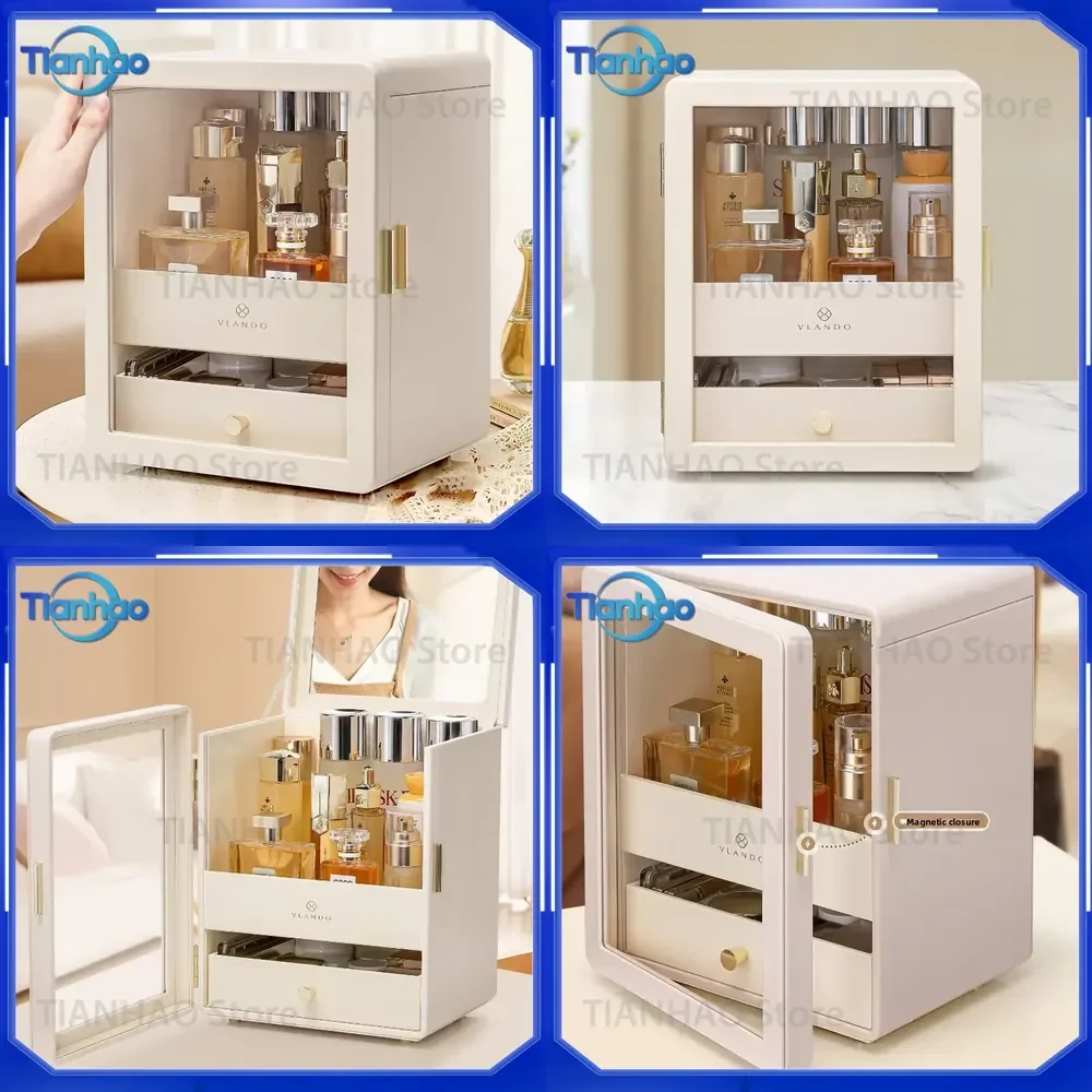 Cream Style Leather Makeup Organizer with Drawer Dustproof Storage Box Large Capacity Door Cabinet for Desktop Vanity Bedroom