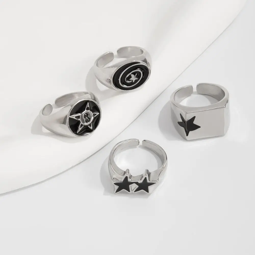 4pcs Irregular Design Geometric Open End Rings Bold Design Geometric Thick Punk Couple Rings Black Five-Pointed Star