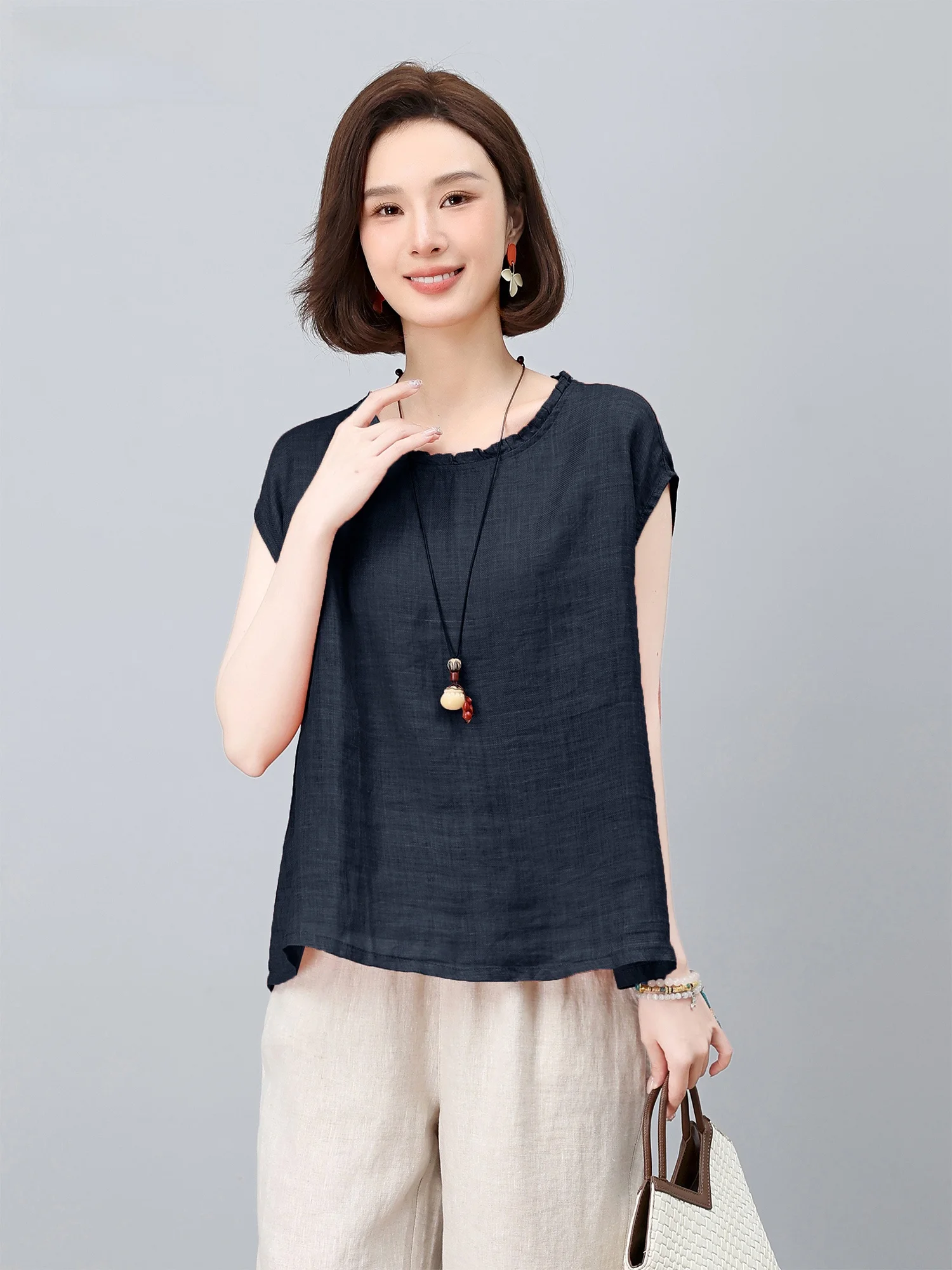 

00% чистый лен Svel irt женский высококачественный модный круглый Ne свободного покроя летний тонкий Sle irt корейский Sle для поездок на работу