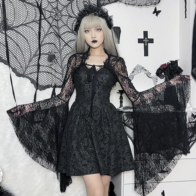 Gothic Black Floral Lace Mesh Flared Sleeve Smock Y2K Sexy Aesthetic See Through Cloak Cape for Women Fashion Streetwear Tops