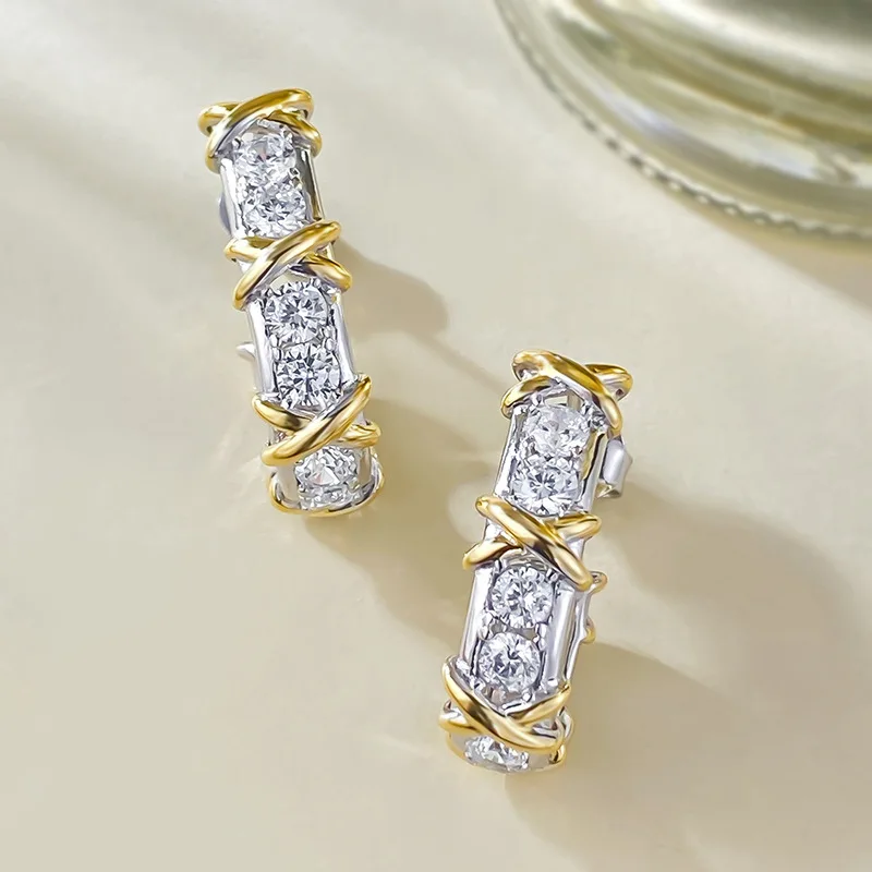 New European and American S925 Silver Cross Colored Solid Silver Gold Plated Full Diamond Earrings, High end Luxury Earhooks