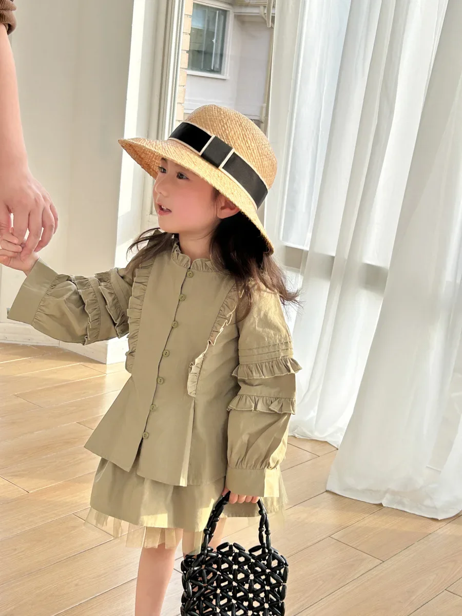 Children Clothing 2024 Spring New Retro Korean Style Shirt Set Girls Small Stand Collar Lace Shirt Culottes Sweet Two-piece Set