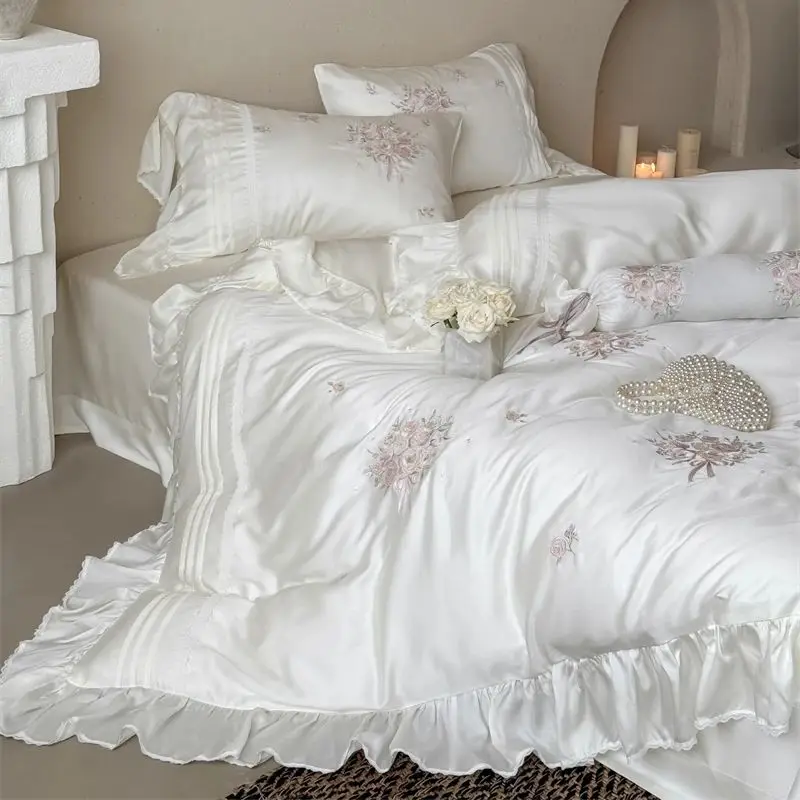 

Flowers Embroidery Ruffles Princess Wedding Bedding Set 800TC Lyocell Cotton Duvet Cover Flat/Fitted Bed Sheet Pillowcases 4Pcs