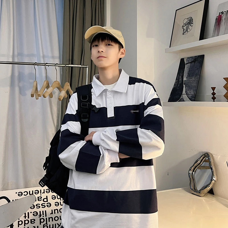 Black White Striped Print O Neck Men Long Sleeve Polo T Shirt Japan Style Fashion Casual Harajuku Oversized Top Tee Hip Hop Punk