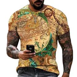 Trendy Fashion Summer Men's Street T-shirt 3D Map HD Printing Short-sleeved Street Handsome Plus Size Loose All-match O-neck Top