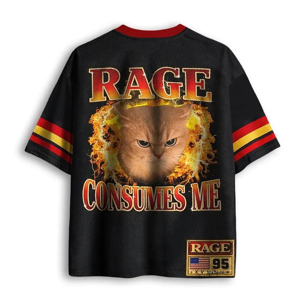 Popular V‑Neck Mesh Sports Jersey Angry Meme Cat Retro Bootleg Fire Lightning Edgy Pet Vintage Sport Graphic Short Sleeve Tops