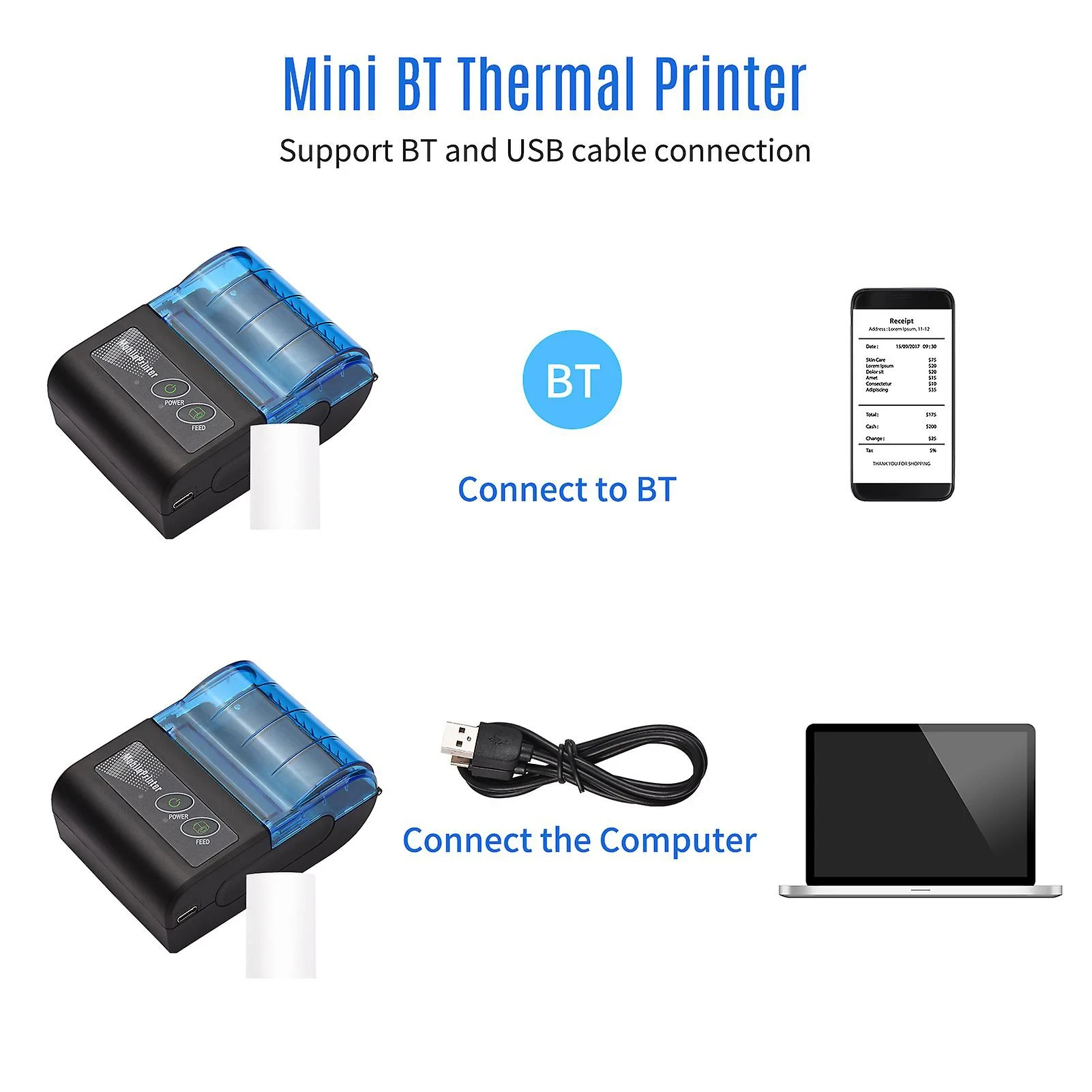 Imagem -05 - Mini Impressora de Recibos Térmica Portátil sem Fio Bluetooth Bilhete Impressora Bill Móvel Windows Android Ios 58 Milímetros