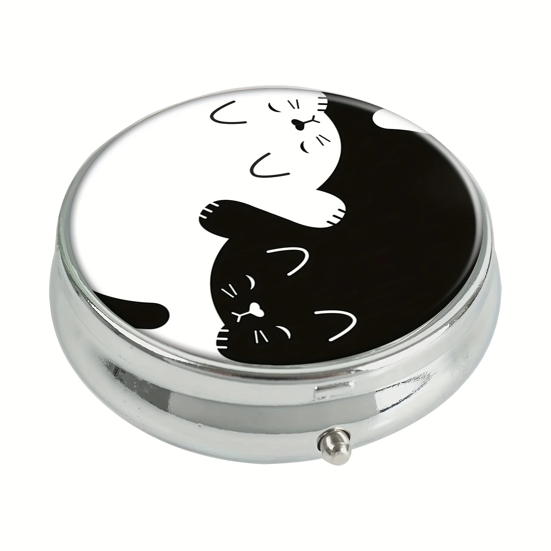 Black White Cat Round Pill Box,Household Portable Medicine Storage Box,3-grid Sub-packaging Medicine Box,Outdoor Travel & Office