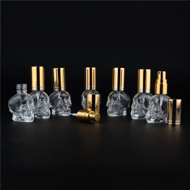 5pcs 8ML 9Colors Mini Travel Unique PersonalitY Skull Shape Empty Glass Perfume Bottle Small Sample Portable Parfume Bottles