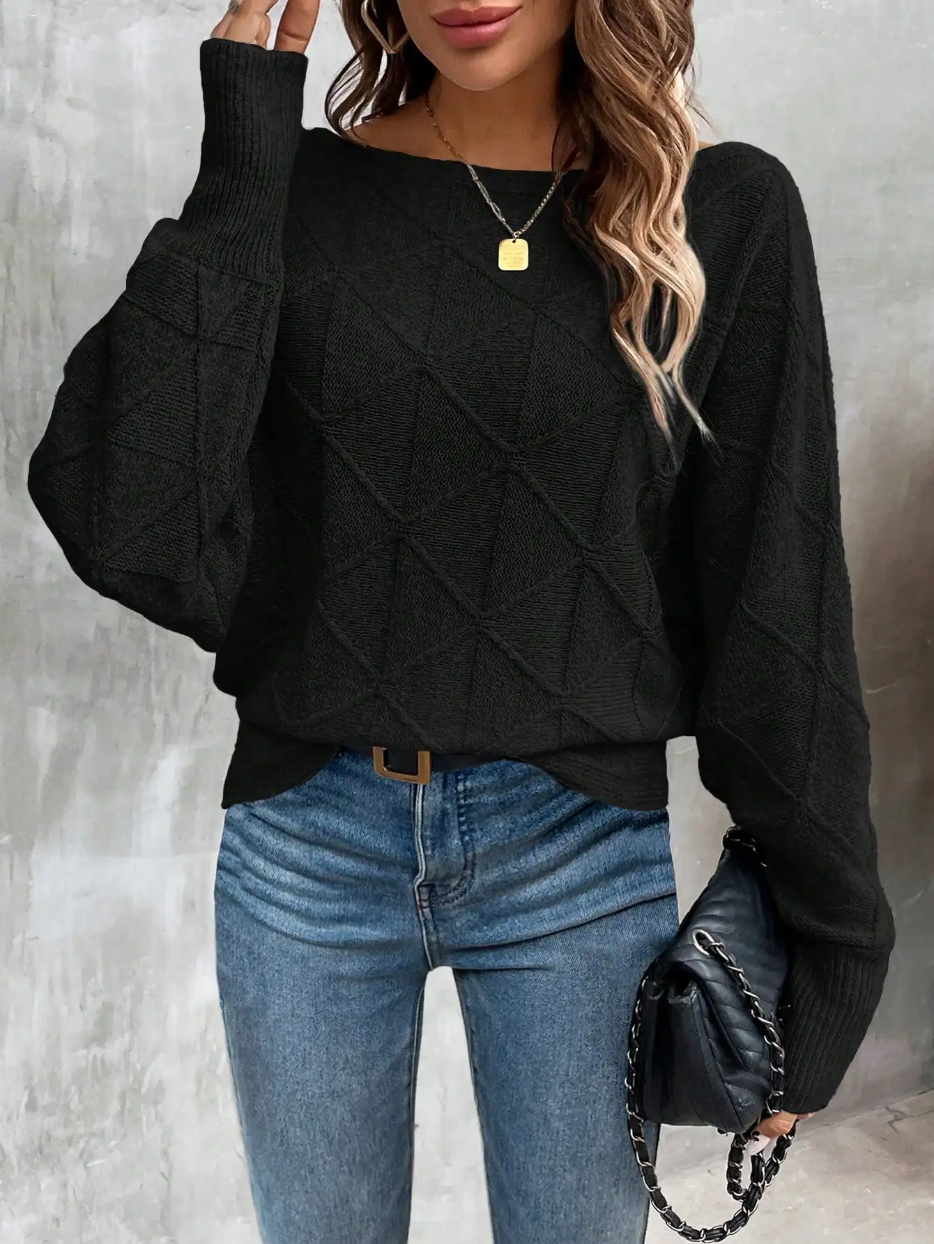 

Женский вязаный пуловер с рукавами «летучая мышь» черного цвета, повседневный осенне-зимний топ