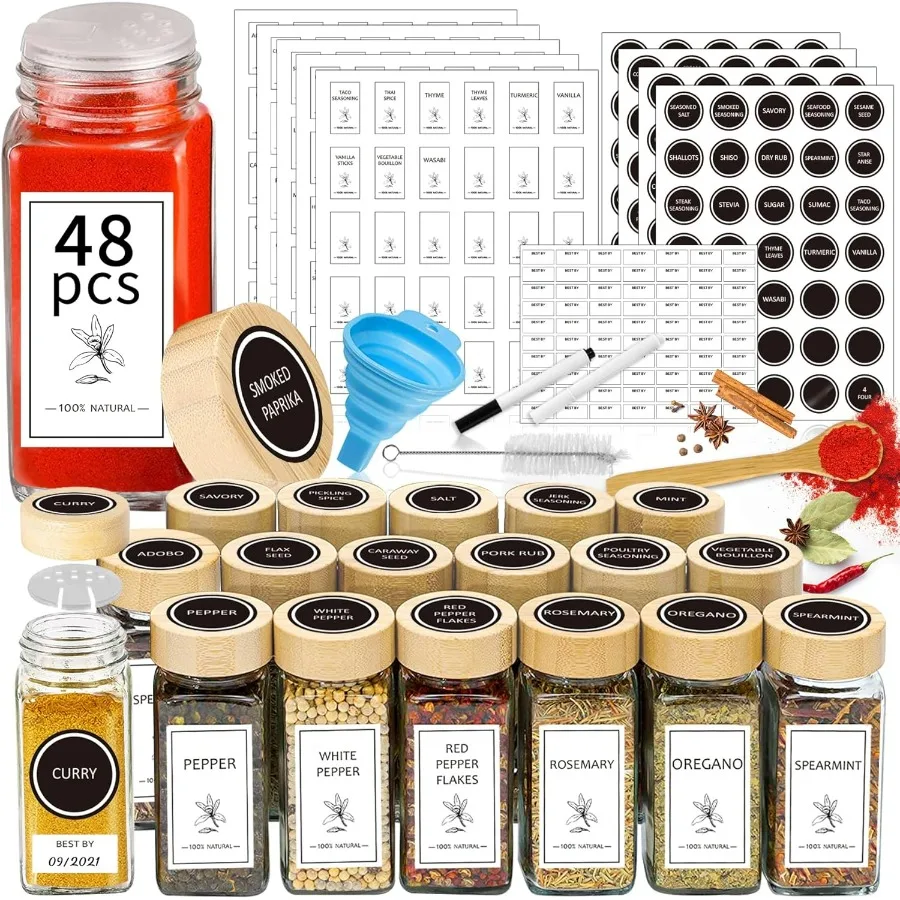 

Aliggbent Spice Jars with Lable 48 Pcs 4 oz Glass Spice Jars with Bamboo Lids Spice Containers Bottles Glass Seasoning Jars wit