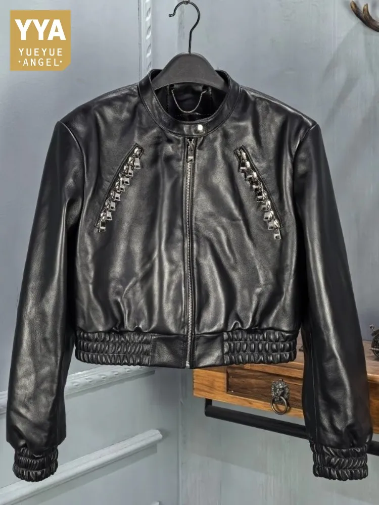 Designer STAND COLLAR ของแท้หนังแจ็คเก็ตผู้หญิงแขนยาวซิปฤดูใบไม้ผลิใหม่เอวสูง Punk สีดํา Moto Bikers สั้น Coat