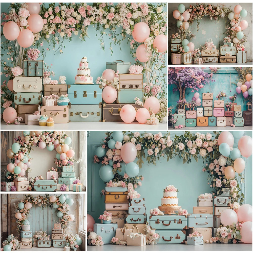 

Spring Travel Floral Photography Backdrop Flower Balloon Luggage First Travel Easter Kids Birthday Baby Shower Photo Background