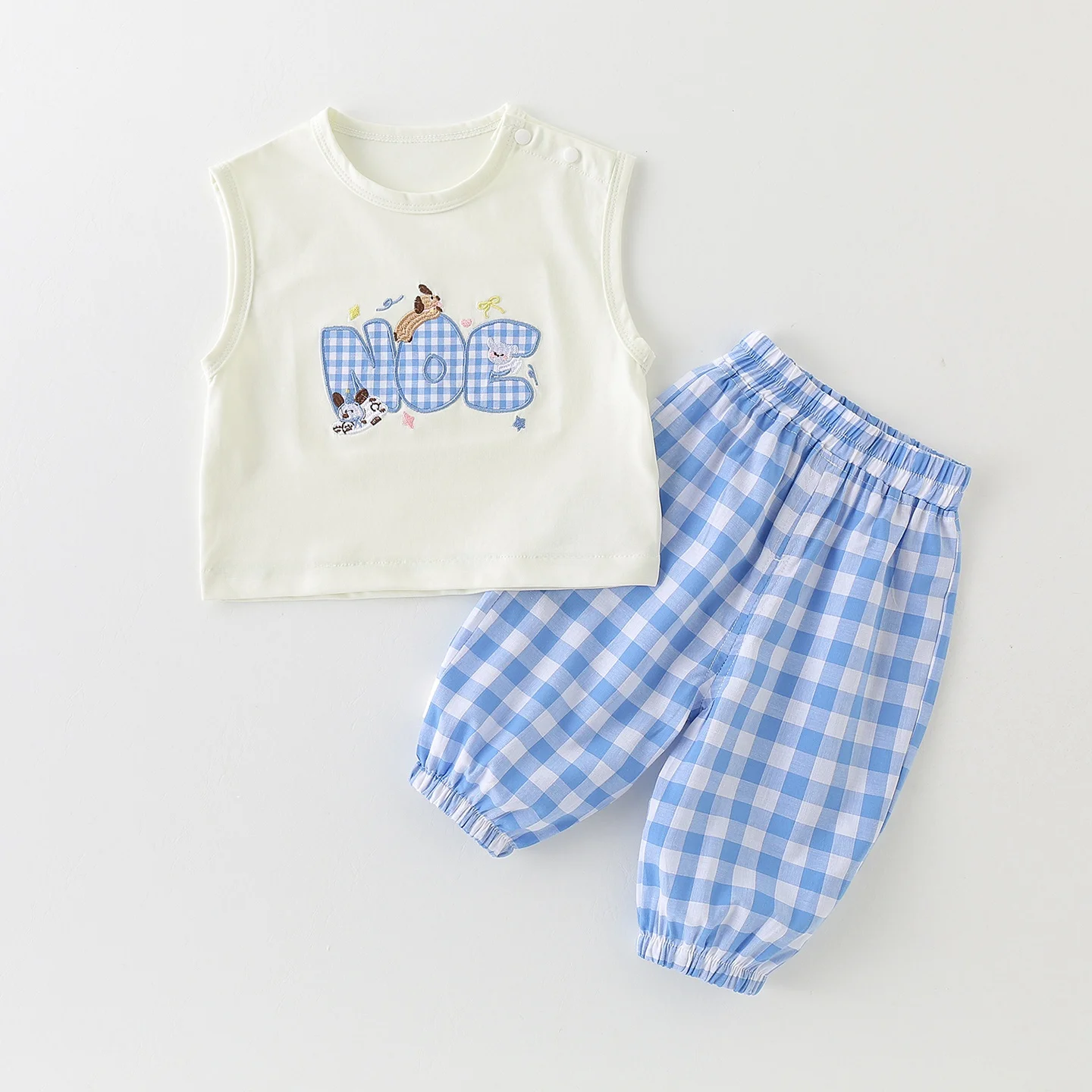 

Breathable Summer Outfit for Infants And Toddlers Boys And Girls Short Sleeve Cartoon T-Shirt And Plaid Pants Two-Piece Set