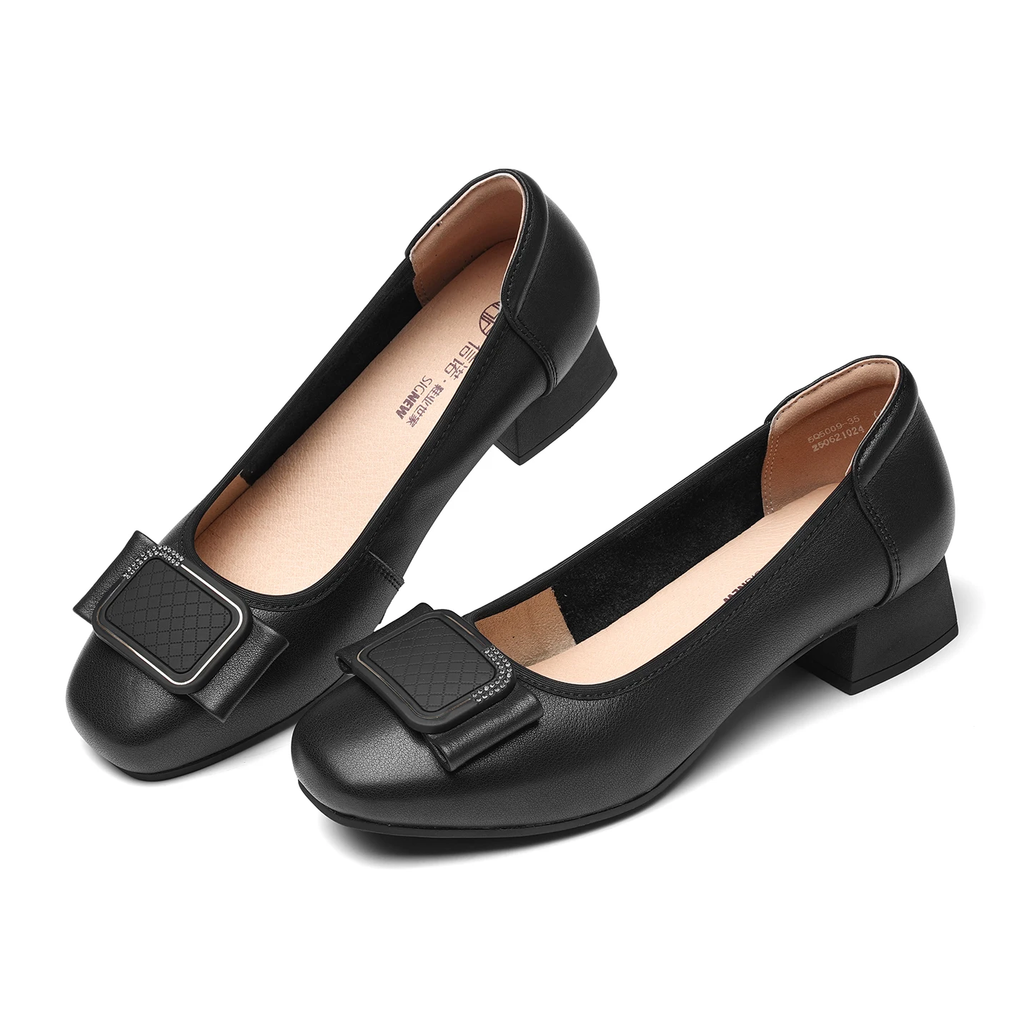 Soft-Soled Nurse Shoes for Women, Black Genuine Leather Chunky Heel Work Shoes, Comfortable for Long Standing, Square Buckle Single Shoes, Professional High Heels for Commuting