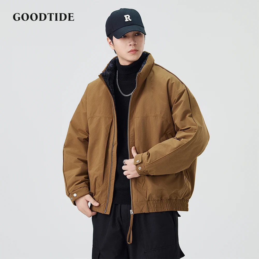 

Fashion Men's Casual Zip Up Bomber Jacket 2025 Winter New Stand Collar Plaid Lining Loose Fit Men Warm Down Jacket Top