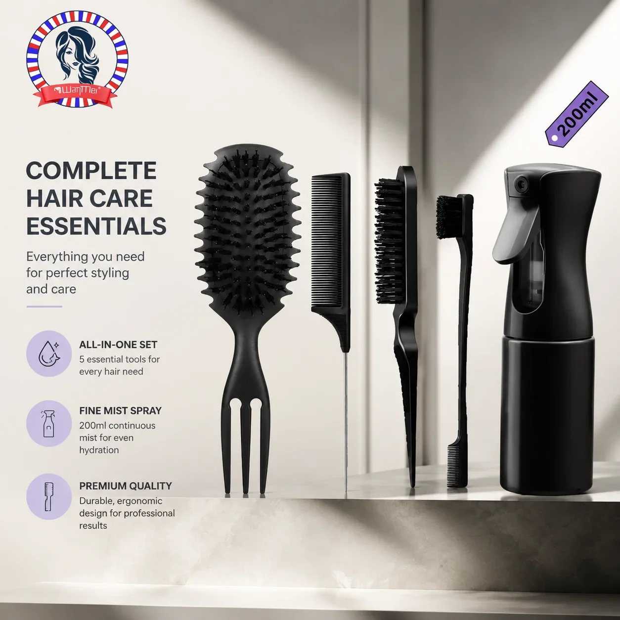 5pc Hair Styling Set: 200ml Spray Bottle 3-in-1 Candy Bursh Curly Hair Brush Curved Rat Tail Comb Edge Control Brush Hair Tools
