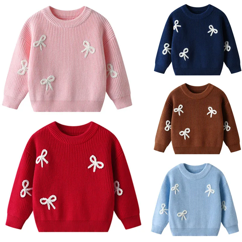 Girls Bow Sweaters Children Thickened Knit Pullover Kids Winter Warm Long-Sleeve Jumper Autumn New Toddler Casual Clothing