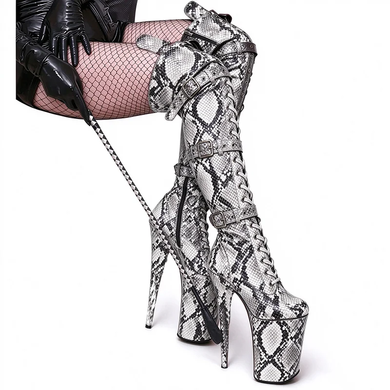 Women 26CM Ultra High Heel Platform Thigh High Boots Bright Snake Patent Leather Lace-up Pole Dance Over-the-Knee Boots