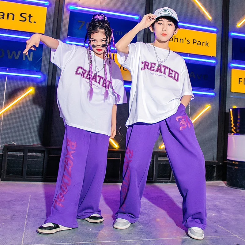 Kid Hip Hop Clothing White Graphic Tee Oversized T Shirt Top Purple Casual Sweat Pants for Girl Boy Jazz Dance Costume Clothes