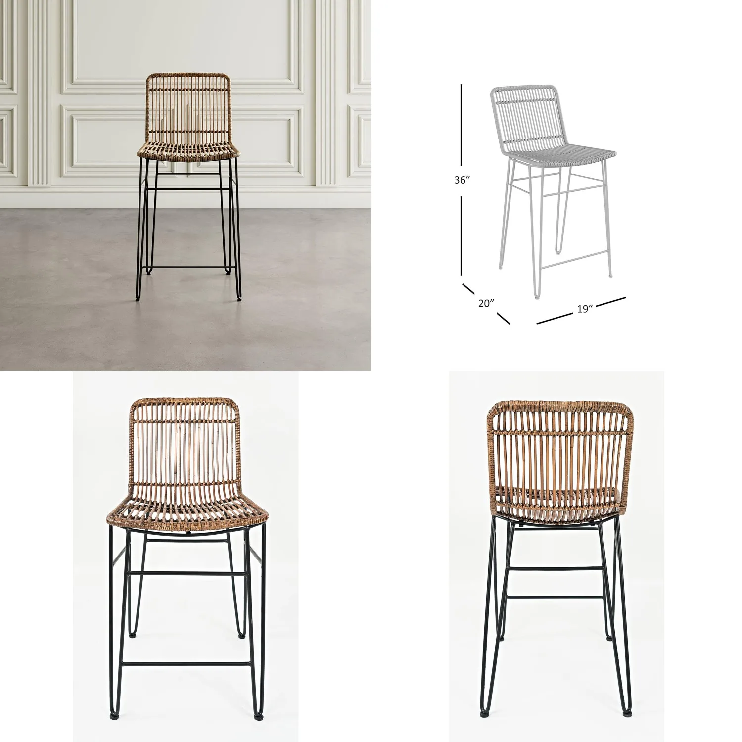 

Rattan Counter Bar Stool Set of 2 Hairpin Metal Legs Modern Rustic Kitchen Dining Room Brown, Customized